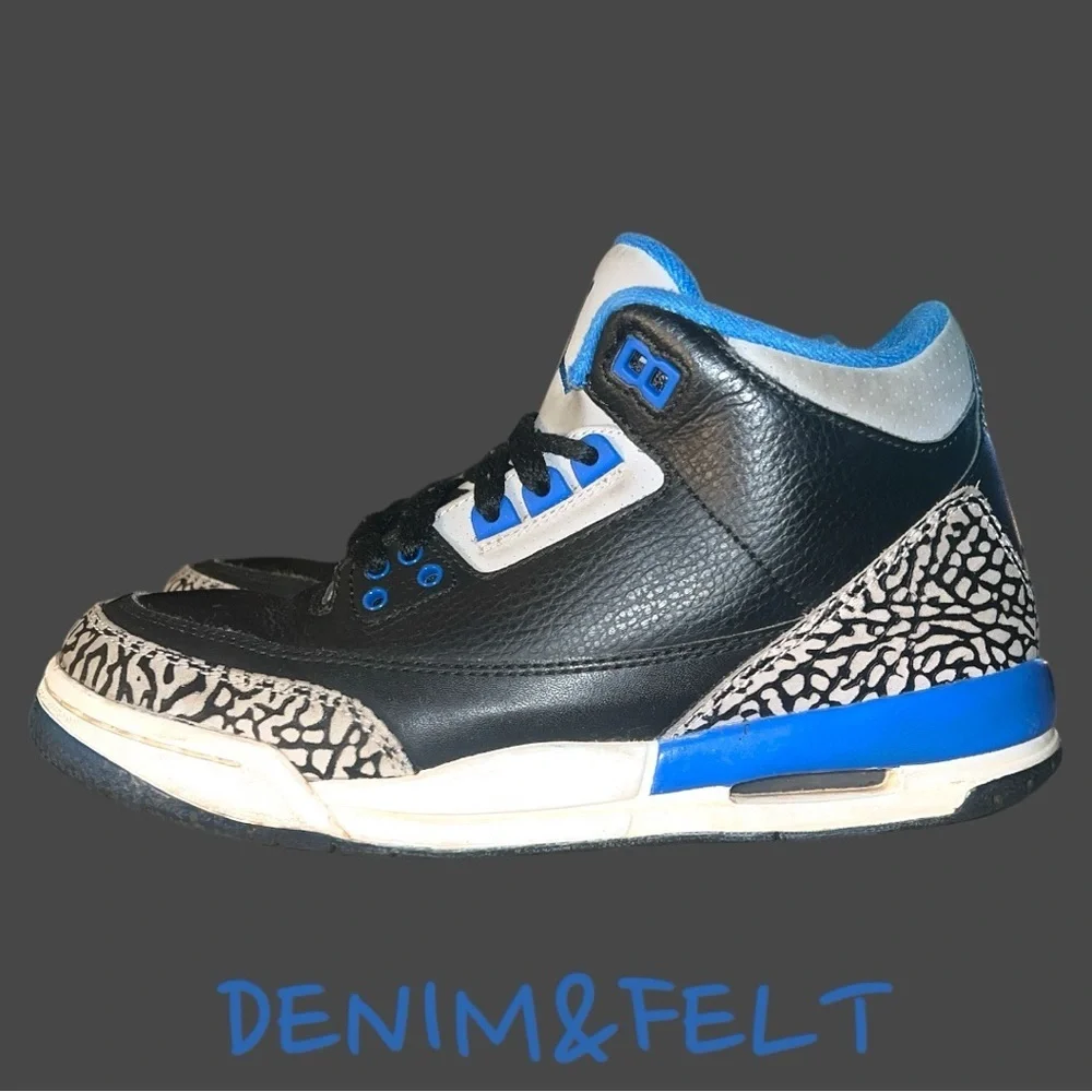 NIKE AIR JORDAN 3 RETRO GS‎ BLACK-SPORT BLUE-GREY SHOE | PRELOVED!!👟👟💙💙
